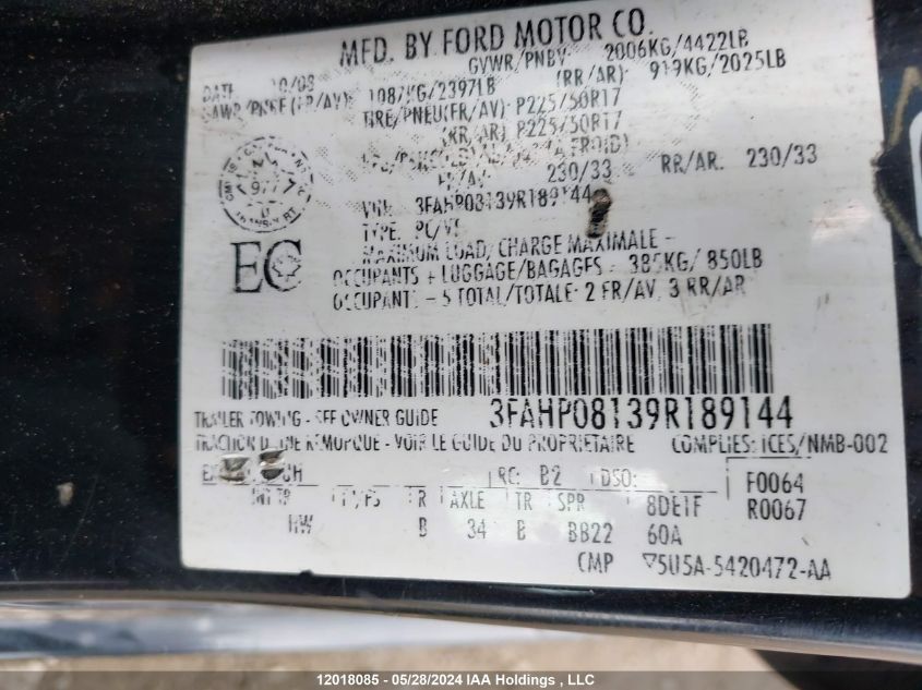 2009 Ford Fusion Sel VIN: 3FAHP08139R189144 Lot: 12018085