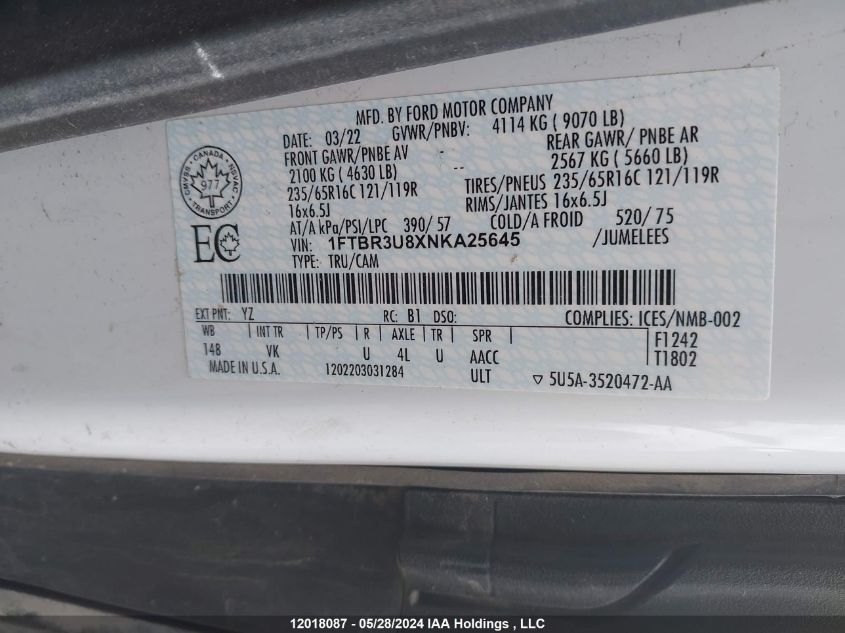 2022 Ford Transit T-250 VIN: 1FTBR3U8XNKA25645 Lot: 12018087