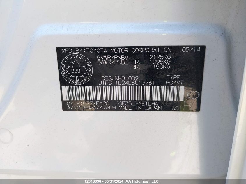 2014 Lexus Is 250 VIN: JTHCF1D24E5013761 Lot: 12018096