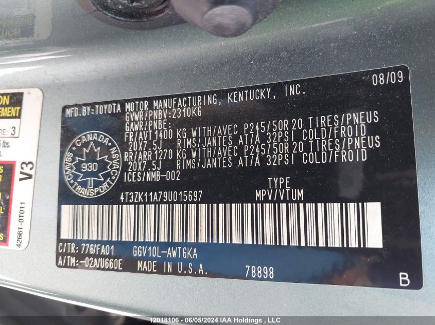 2009 Toyota Venza Base V6 VIN: 4T3ZK11A79U015697 Lot: 12018106