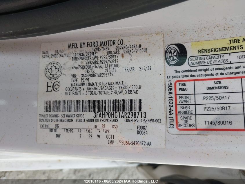 2010 Ford Fusion VIN: 3FAHP0HG1AR298713 Lot: 12018116