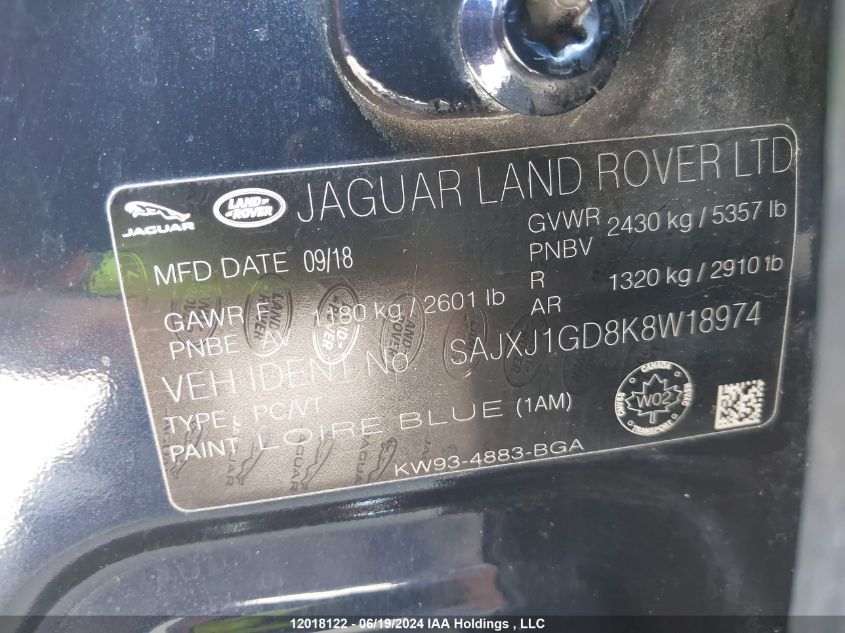 2019 Jaguar Xj VIN: SAJXJ1GD8K8W18974 Lot: 12018122
