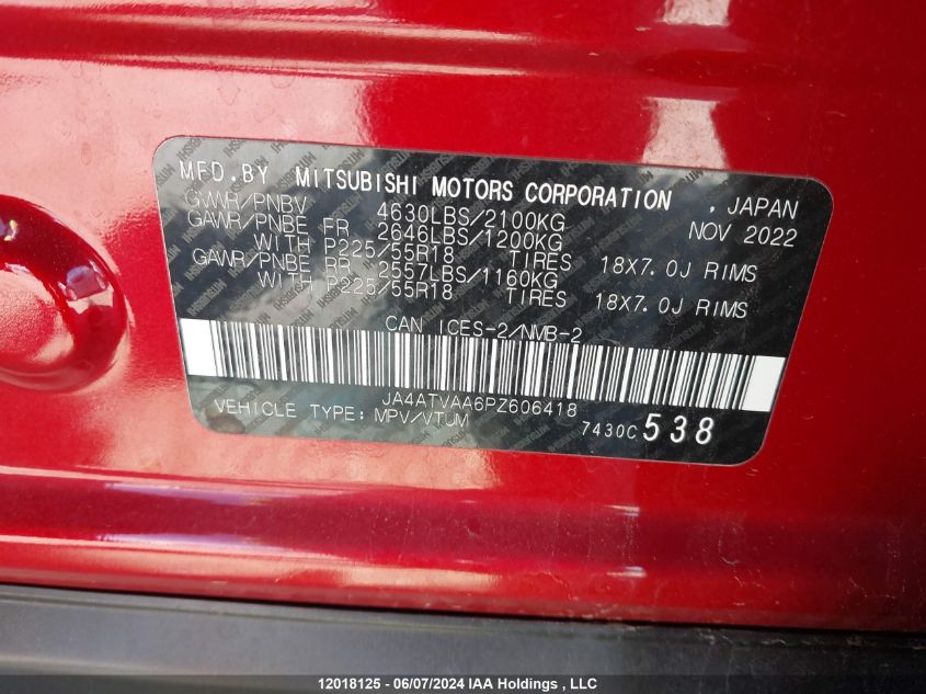 2023 Mitsubishi Eclipse Cross Le/Ralliart VIN: JA4ATVAA6PZ606418 Lot: 12018125