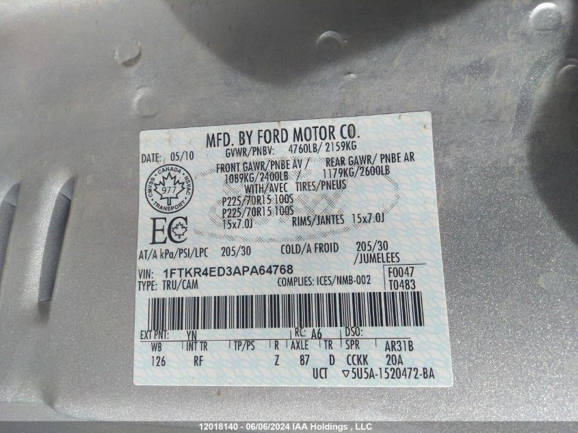 2010 Ford Ranger VIN: 1FTKR4ED3APA64768 Lot: 12018140