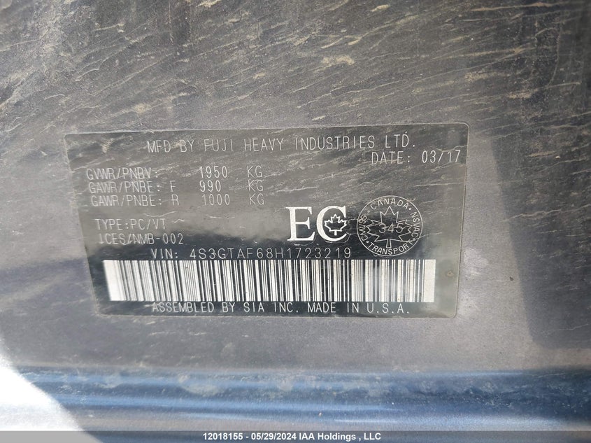 2017 Subaru Impreza VIN: 4S3GTAF68H1723219 Lot: 12018155