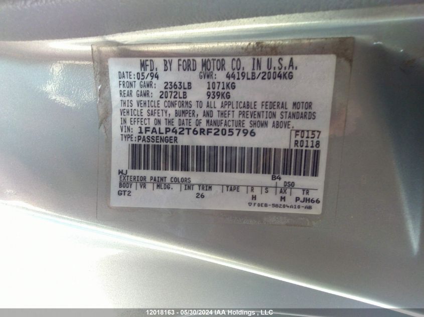 1994 Ford Mustang Gt VIN: 1FALP42T6RF205796 Lot: 12018163