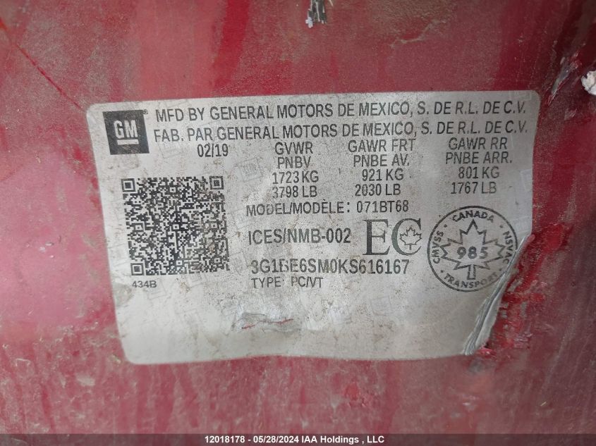 2019 Chevrolet Cruze VIN: 3G1BE6SM0KS616167 Lot: 12018178