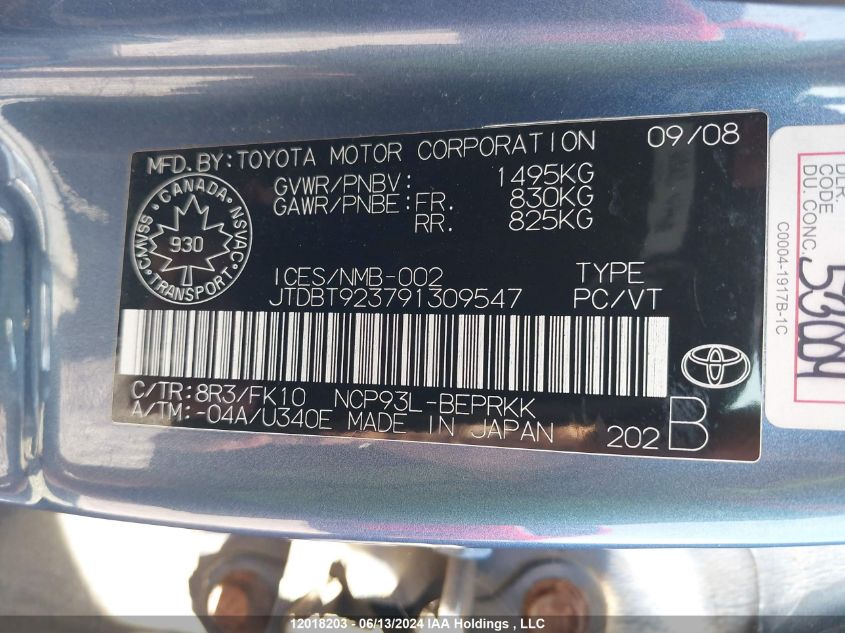 2009 Toyota Yaris VIN: JTDBT923791309547 Lot: 12018203