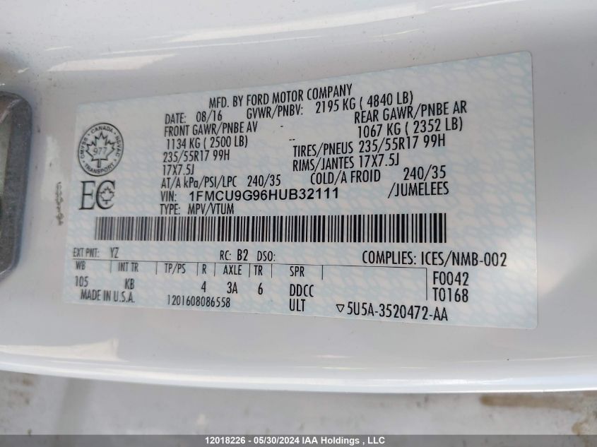 2017 Ford Escape Se VIN: 1FMCU9G96HUB32111 Lot: 12018226