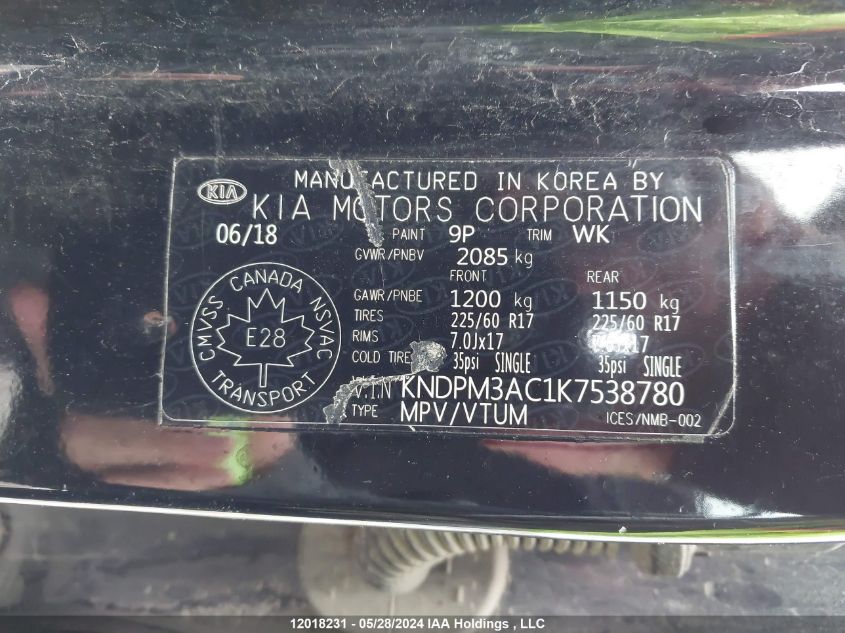 2019 Kia Sportage Lx VIN: KNDPM3AC1K7538780 Lot: 12018231