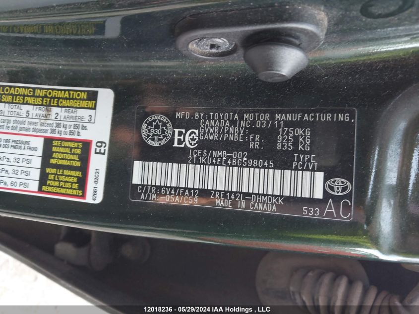 2011 Toyota Matrix VIN: 2T1KU4EE4BC598045 Lot: 12018236