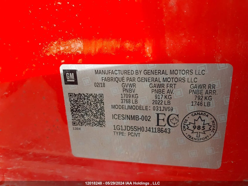 2018 Chevrolet Sonic Lt VIN: 1G1JD5SH0J4118643 Lot: 12018248