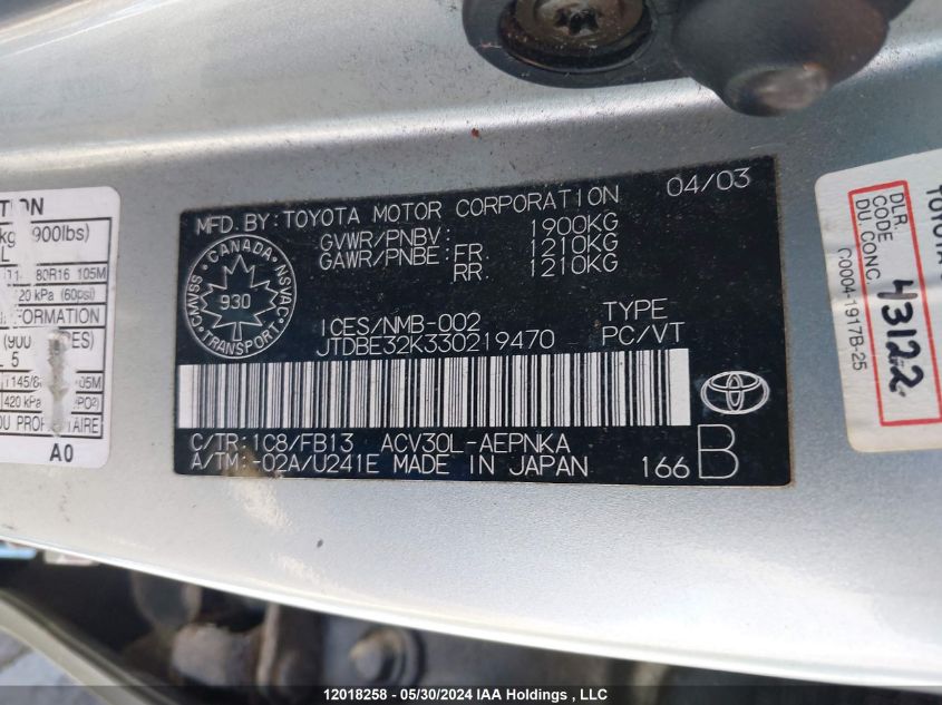 2003 Toyota Camry Le/Se/Xle VIN: JTDBE32K330219470 Lot: 12018258