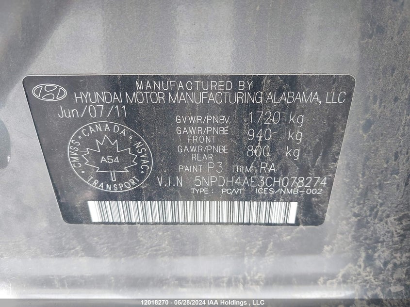 2012 Hyundai Elantra Gl VIN: 5NPDH4AE3CH078274 Lot: 12018270