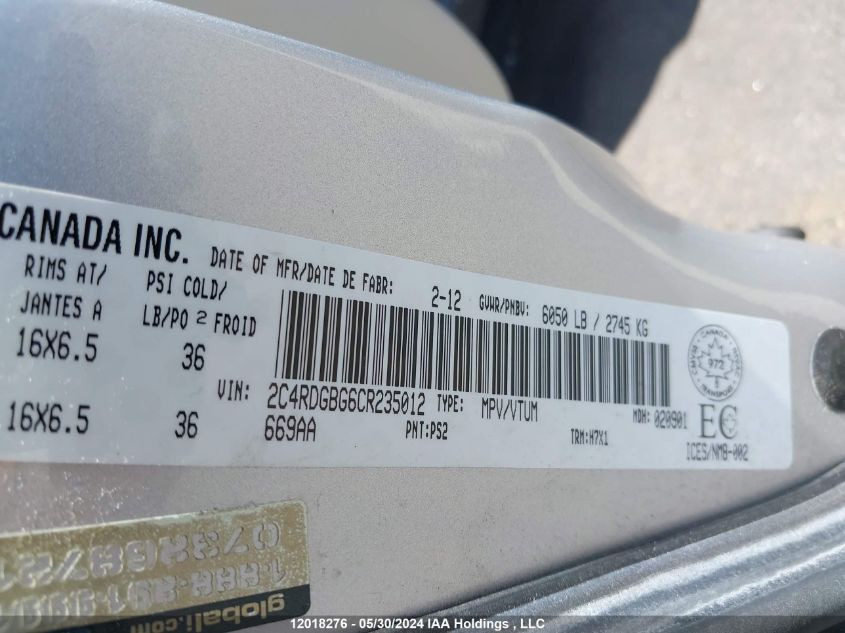 2012 Dodge Grand Caravan Se VIN: 2C4RDGBG6CR235012 Lot: 12018276