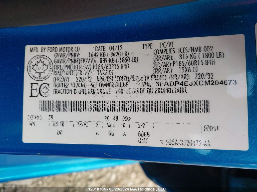 2012 Ford Fiesta Se VIN: 3FADP4EJXCM204673 Lot: 12018304