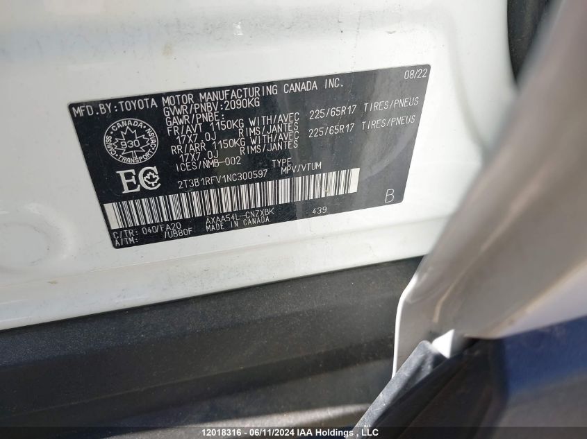 2022 Toyota Rav4 Le VIN: 2T3B1RFV1NC300597 Lot: 12018316