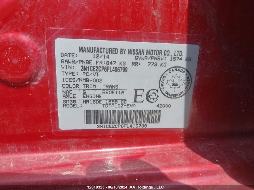 2015 Nissan Versa Note VIN: 3N1CE2CP6FL406799 Lot: 12018323