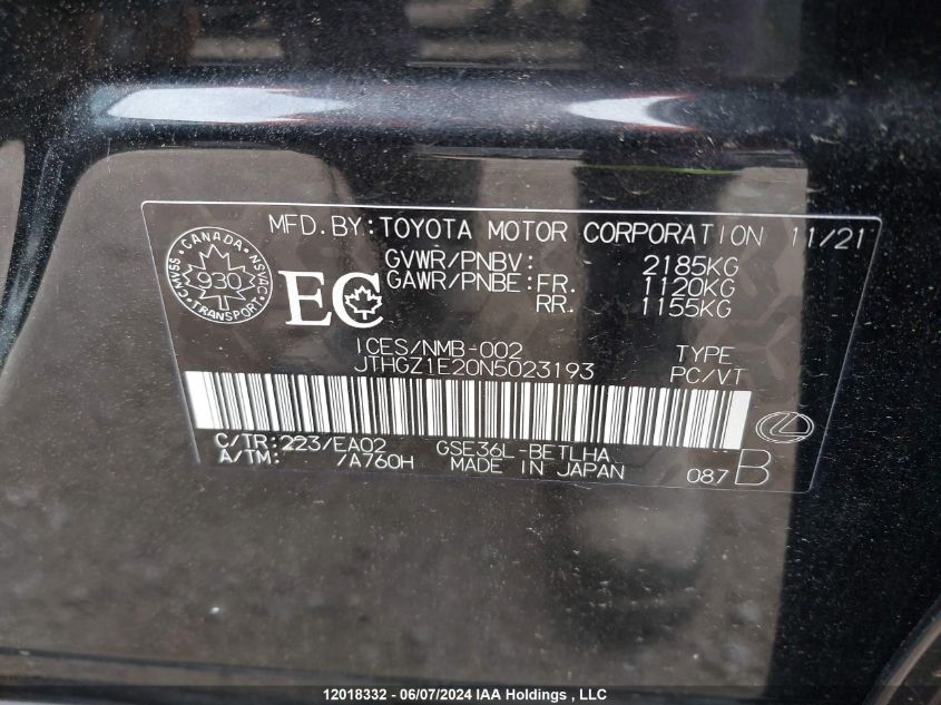 2022 Lexus Is 350 VIN: JTHGZ1E20N5023193 Lot: 12018332