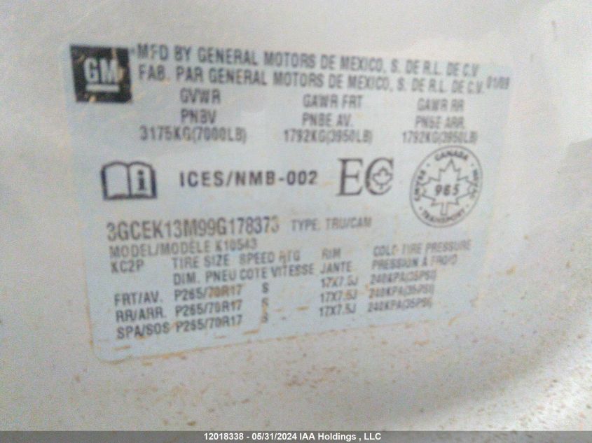 2009 Chevrolet Silverado 1500 VIN: 3GCEK13M99G178373 Lot: 12018338