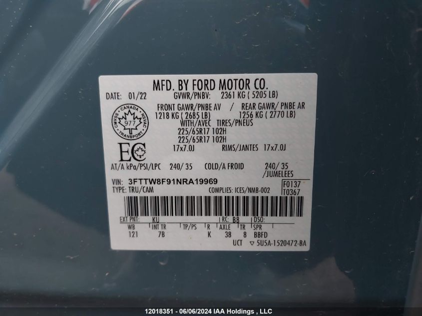 2022 Ford Maverick Xlt VIN: 3FTTW8F91NRA19969 Lot: 12018351