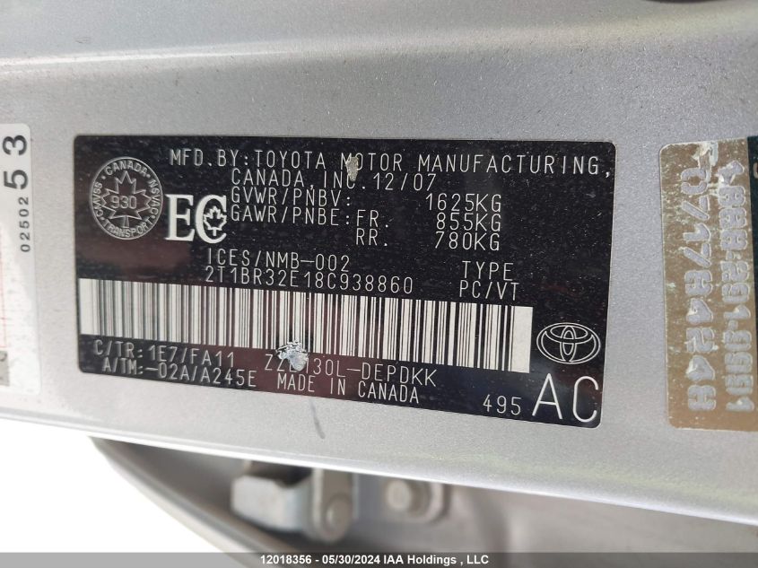 2008 Toyota Corolla Ce/Le/S VIN: 2T1BR32E18C938860 Lot: 12018356