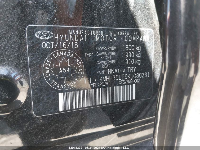 2019 Hyundai Elantra Gt Preferred VIN: KMHH35LE9KU088231 Lot: 12018372