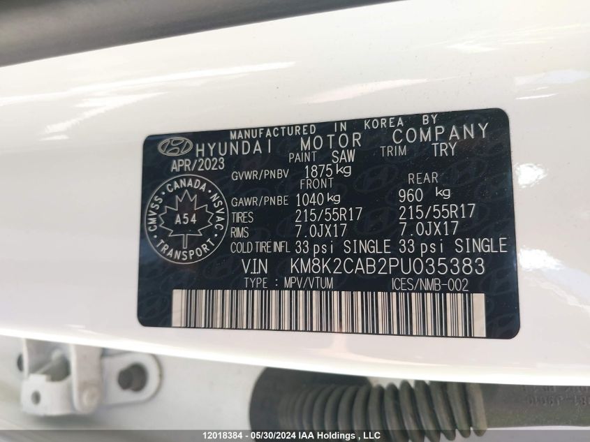 2023 Hyundai Kona Se VIN: KM8K2CAB2PU035383 Lot: 12018384