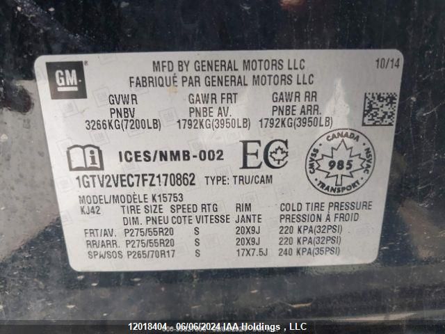 2015 GMC Sierra 1500 VIN: 1GTV2VEC7FZ170862 Lot: 12018404