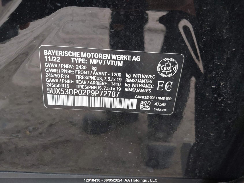 2023 BMW X3 3.0I VIN: 5UX53DP02P9P72787 Lot: 12018430