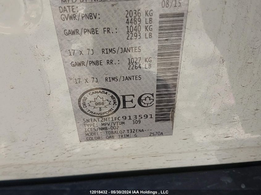 2015 Nissan Rogue VIN: 5N1AT2MT1FC913591 Lot: 12018432