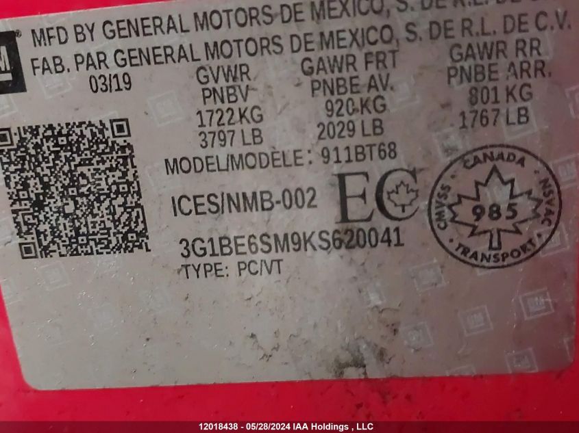 2019 Chevrolet Cruze Lt VIN: 3G1BE6SM9KS620041 Lot: 12018438