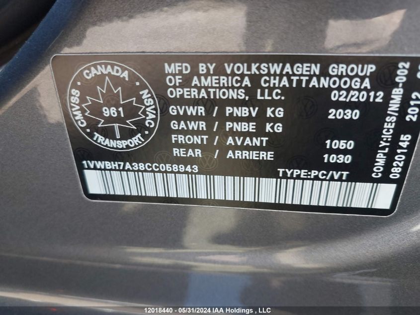 2012 Volkswagen Passat Se VIN: 1VWBH7A38CC058943 Lot: 12018440