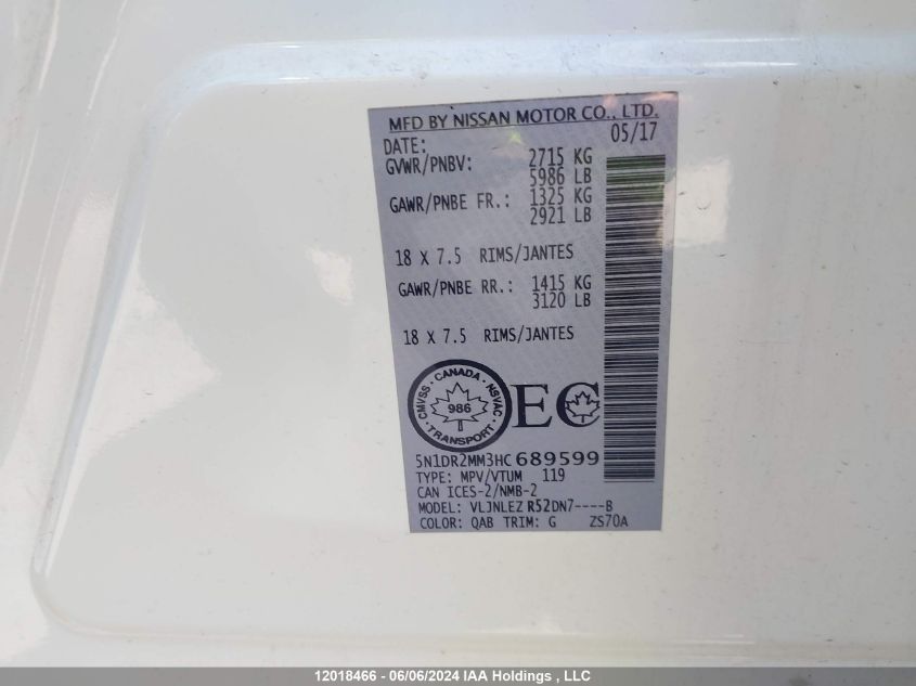 2017 Nissan Pathfinder VIN: 5N1DR2MM3HC689599 Lot: 12018466