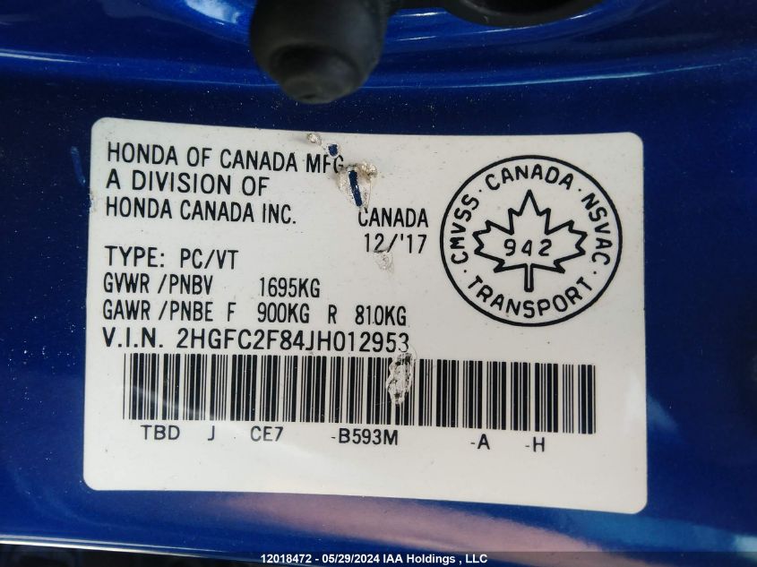 2018 Honda Civic Sedan VIN: 2HGFC2F84JH012953 Lot: 12018472