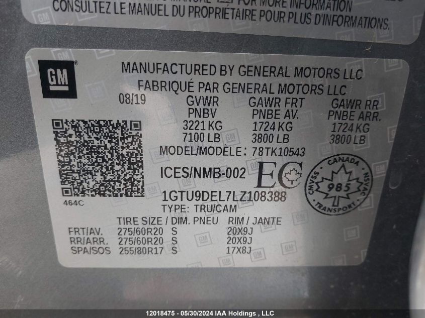 2020 GMC Sierra 1500 VIN: 1GTU9DEL7LZ108388 Lot: 12018475