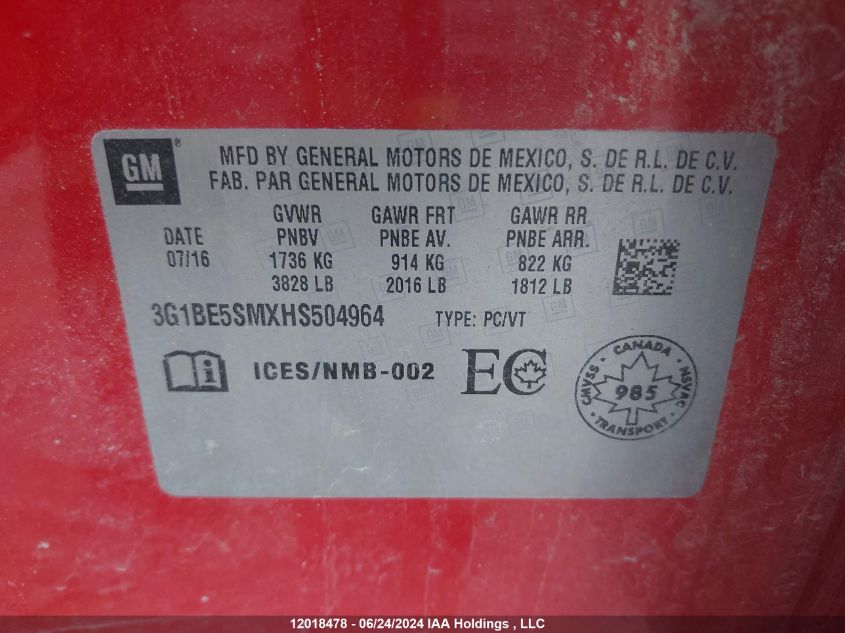 2017 Chevrolet Cruze Lt VIN: 3G1BE5SMXHS504964 Lot: 12018478
