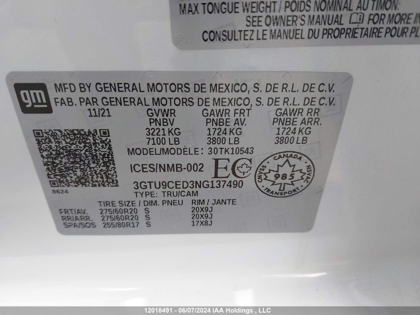 2022 GMC Sierra 1500 Limited VIN: 3GTU9CED3NG137490 Lot: 12018491