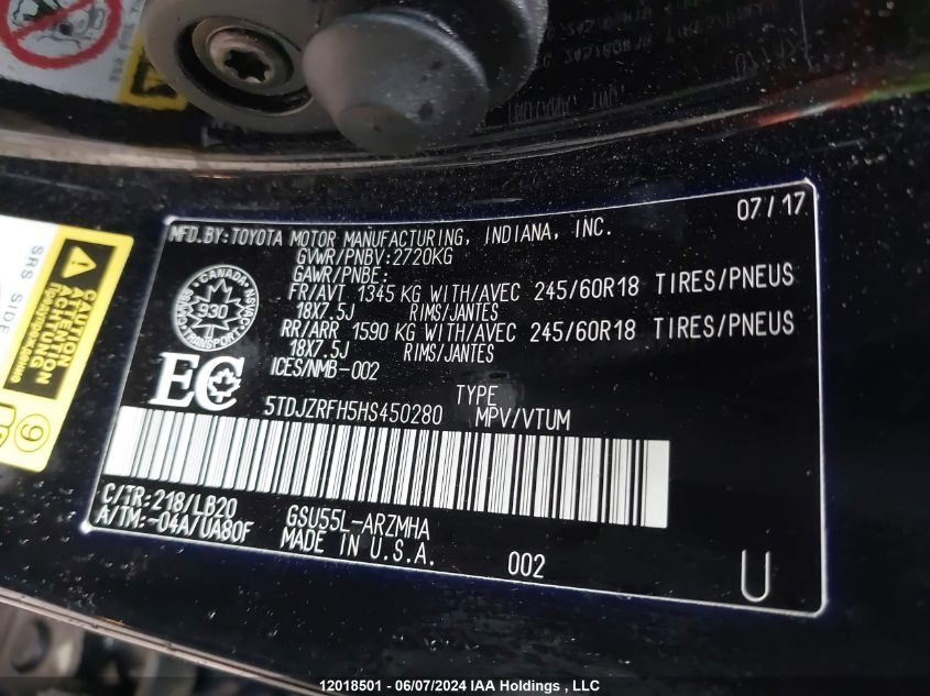 2017 Toyota Highlander Se/Xle VIN: 5TDJZRFH5HS450280 Lot: 12018501