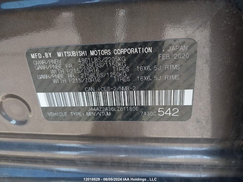 2020 Mitsubishi Outlander Es VIN: JA4AZ2A36LZ611806 Lot: 12018529