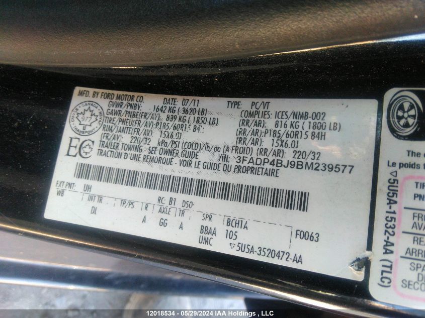 2011 Ford Fiesta VIN: 3FADP4BJ9BM239577 Lot: 12018534