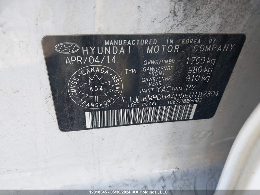 2014 Hyundai Elantra Limited VIN: KMHDH4AH5EU187804 Lot: 12018545