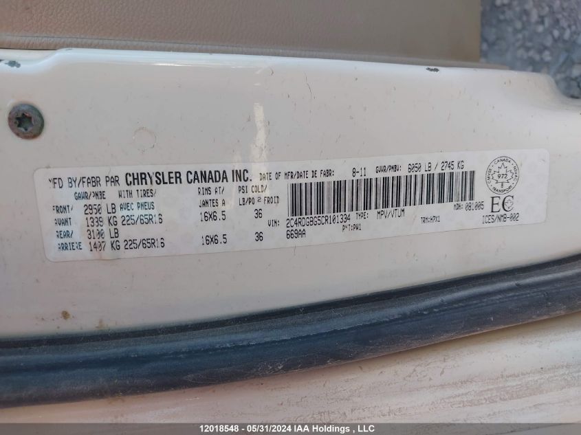 2012 Dodge Grand Caravan VIN: 2C4RDGBG5CR101334 Lot: 12018548