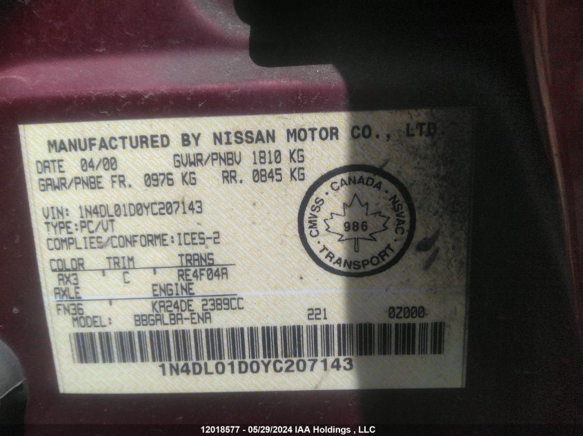 2000 Nissan Altima Xe/Gxe/Se/Gle VIN: 1N4DL01D0YC207143 Lot: 12018577