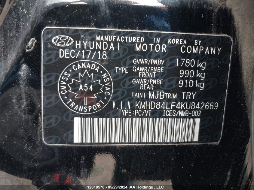 2019 Hyundai Elantra Preferred VIN: KMHD84LF4KU842669 Lot: 12018578