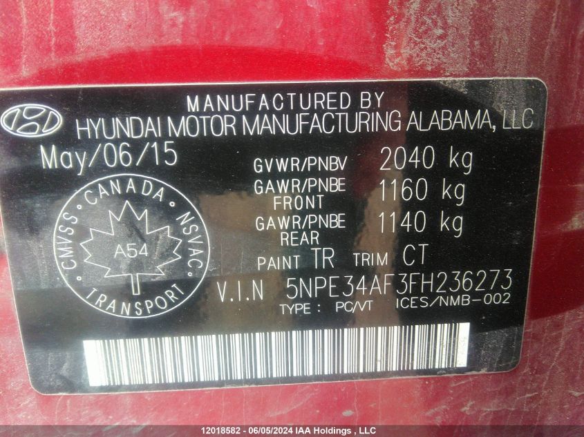 2015 Hyundai Sonata Sport/Limited VIN: 5NPE34AF3FH236273 Lot: 12018582