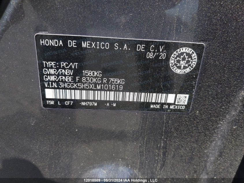 2020 Honda Fit VIN: 3HGGK5H5XLM101619 Lot: 12018589