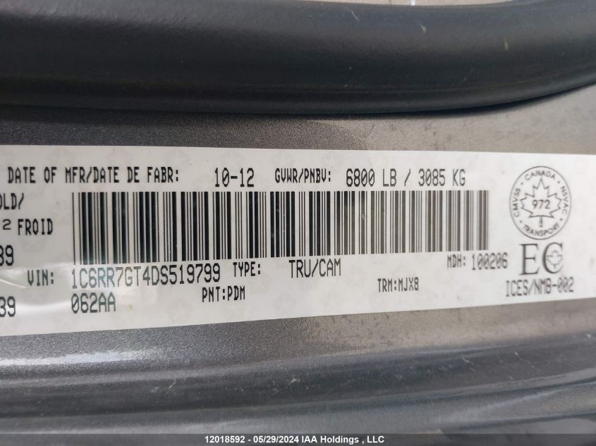 2013 Ram 1500 Slt VIN: 1C6RR7GT4DS519799 Lot: 12018592