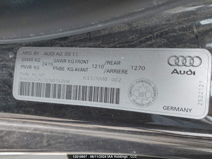 2012 Audi A7 VIN: WAUSGCFC7CN015204 Lot: 12018607