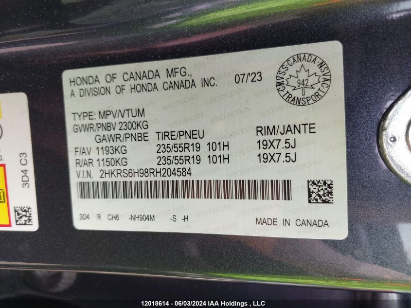 2024 Honda Cr-V Sport Touring VIN: 2HKRS6H98RH204584 Lot: 12018614